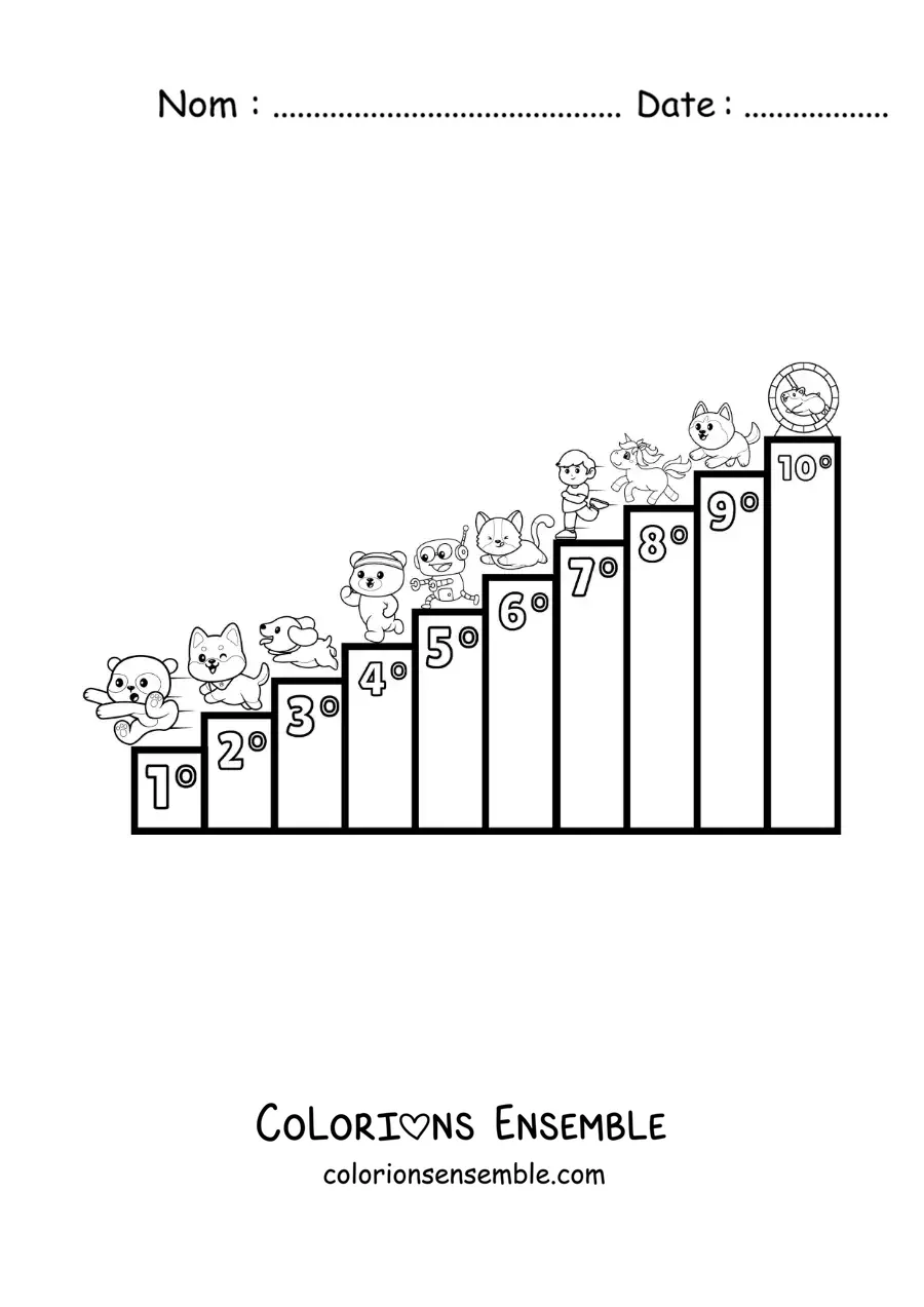 Image à colorier des nombres ordinaux de 1 à 10 pour les enfants avec des dessins animés