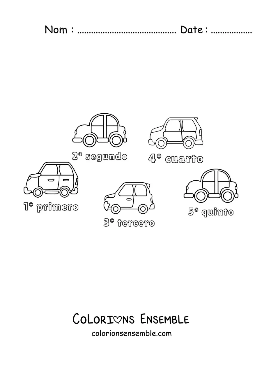 Image à colorier d’une course de voitures avec les nombres ordinaux de 1 à 5 pour les enfants
