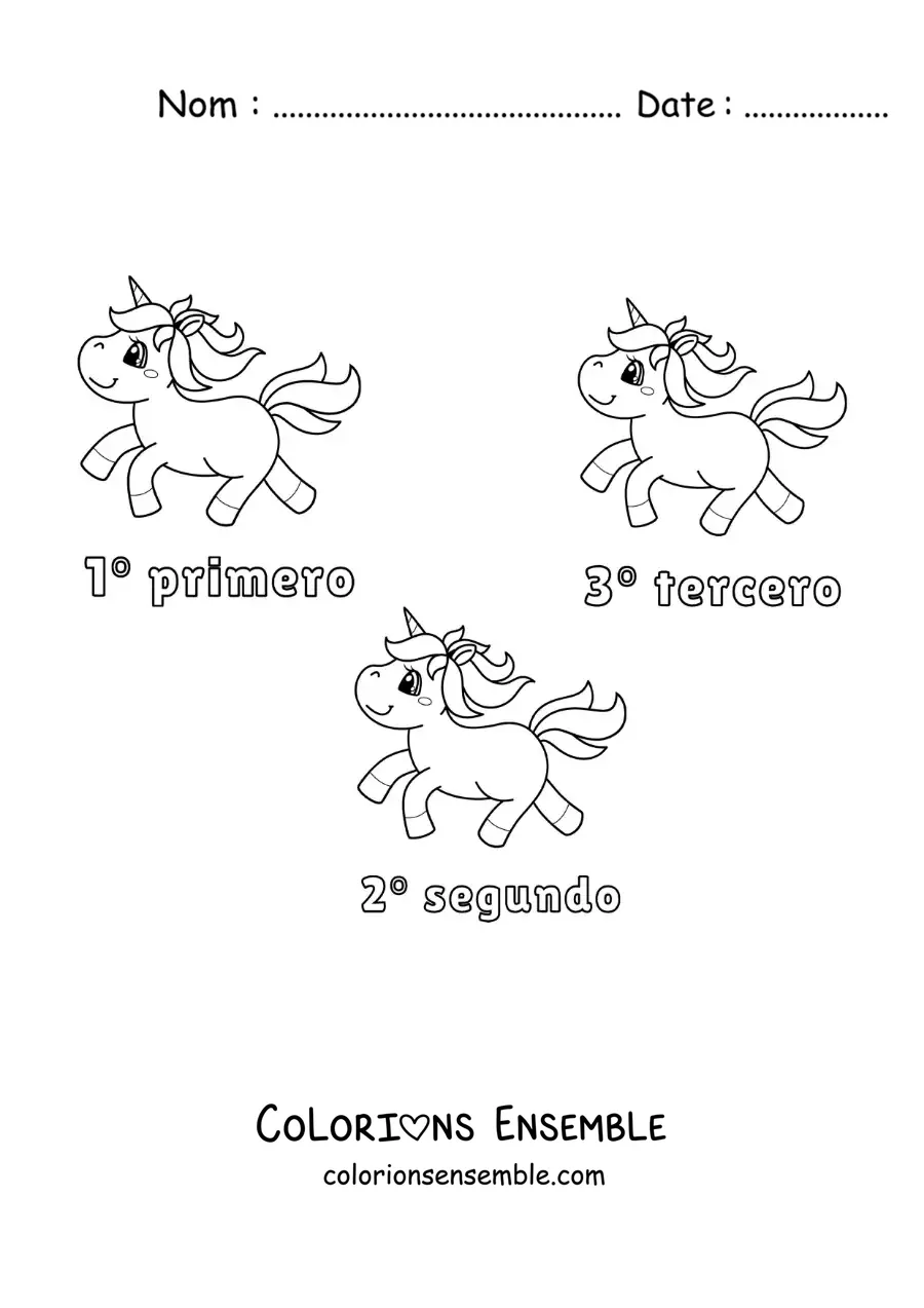 Image à colorier d’une course de licornes avec les nombres ordinaux de 1 à 3 pour les enfants