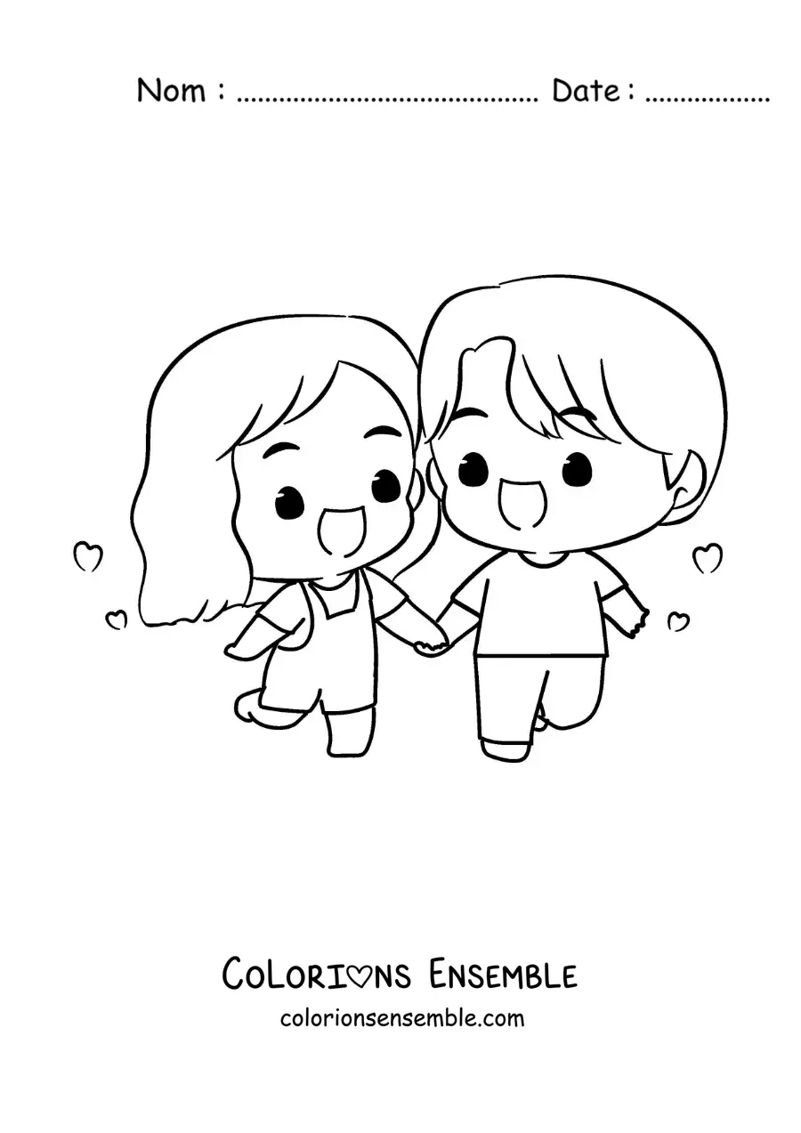 Image à colorier d’un couple chibi se tenant la main