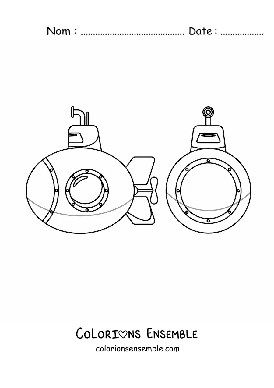 Image à colorier d'un sous-marin espion avec périscope, vu de face et de côté