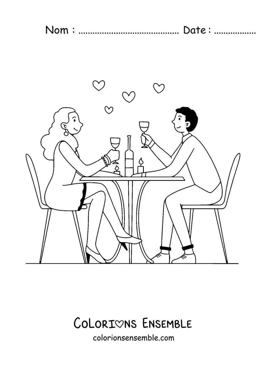 Image à colorier d’un couple amoureux dans un restaurant