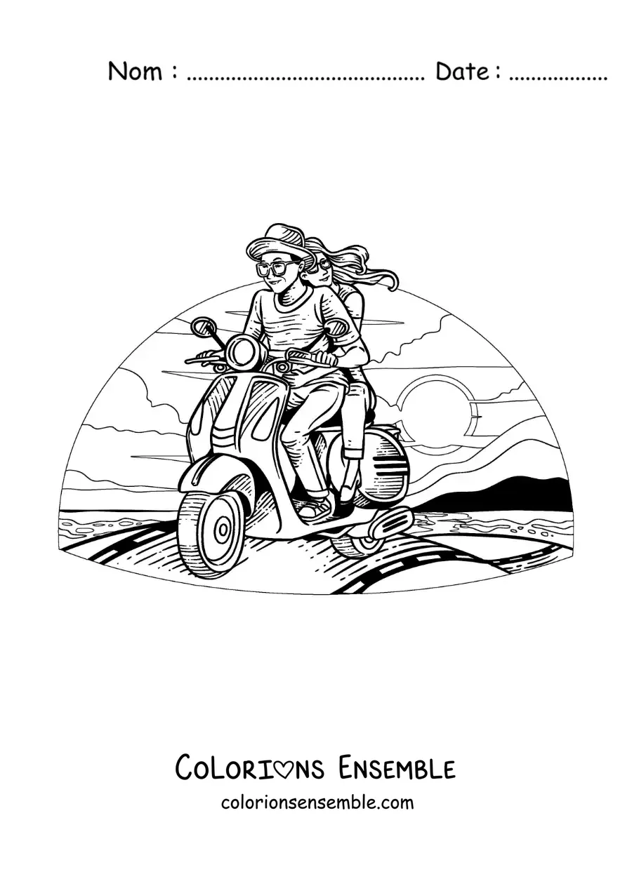 Image à colorier d’un couple sur une moto