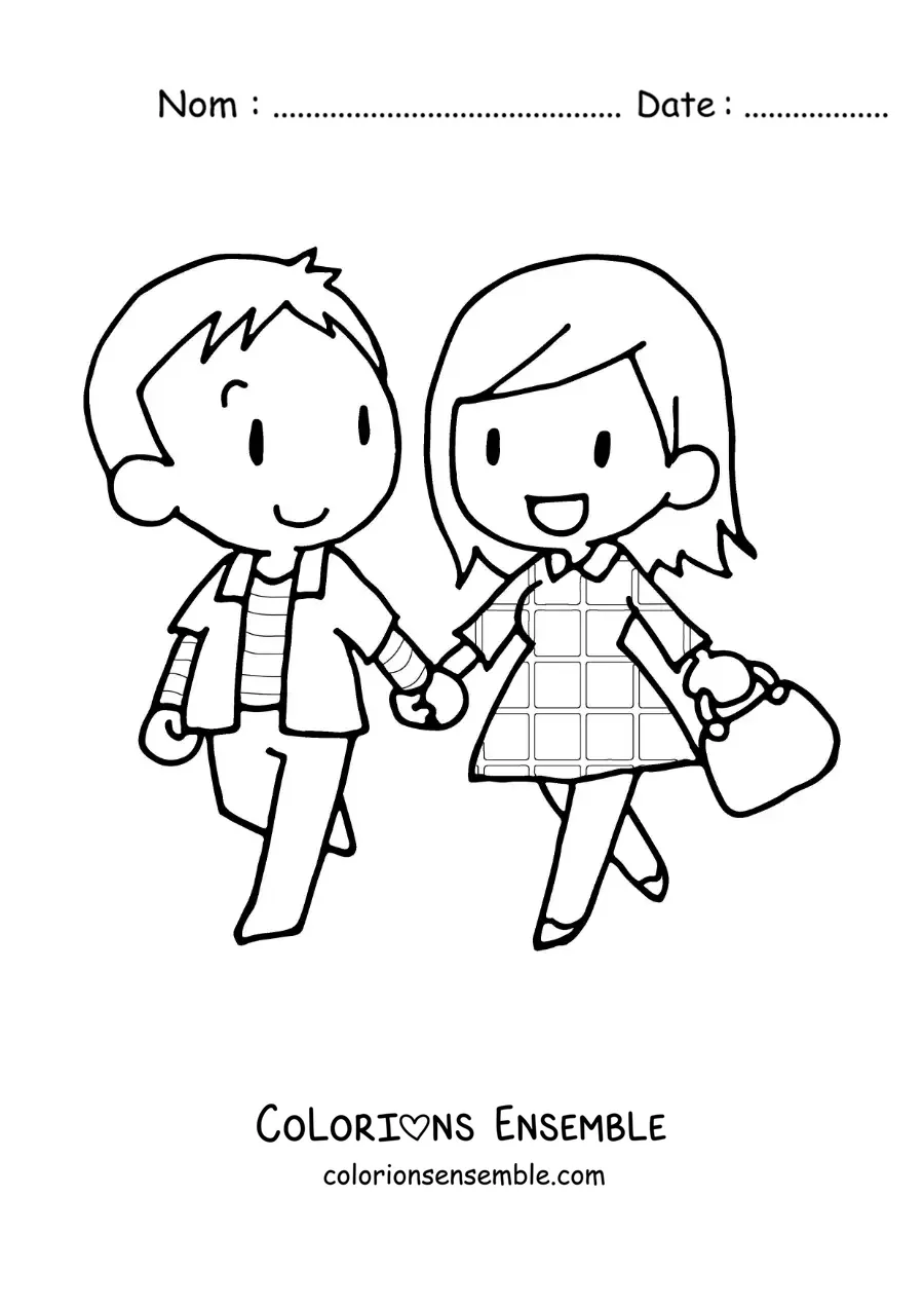 Image à colorier d’un couple marchant main dans la main