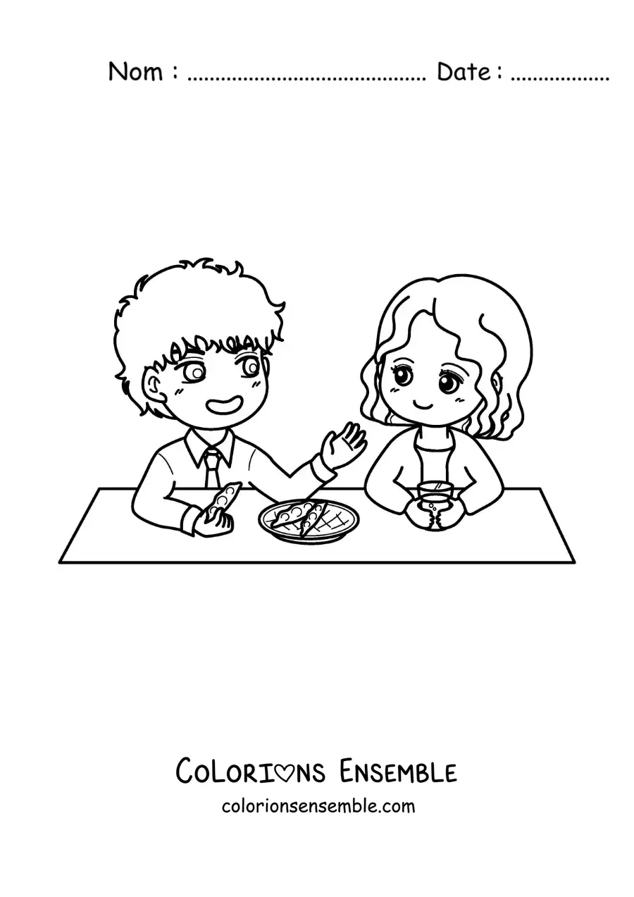 Image à colorier d’un couple amoureux en style anime lors d’un rendez-vous