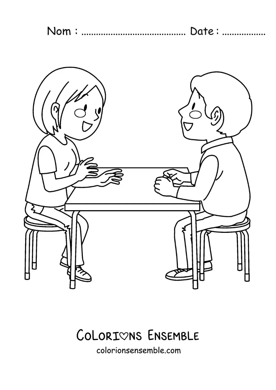 Image à colorier d’un couple assis en train de parler dans un restaurant