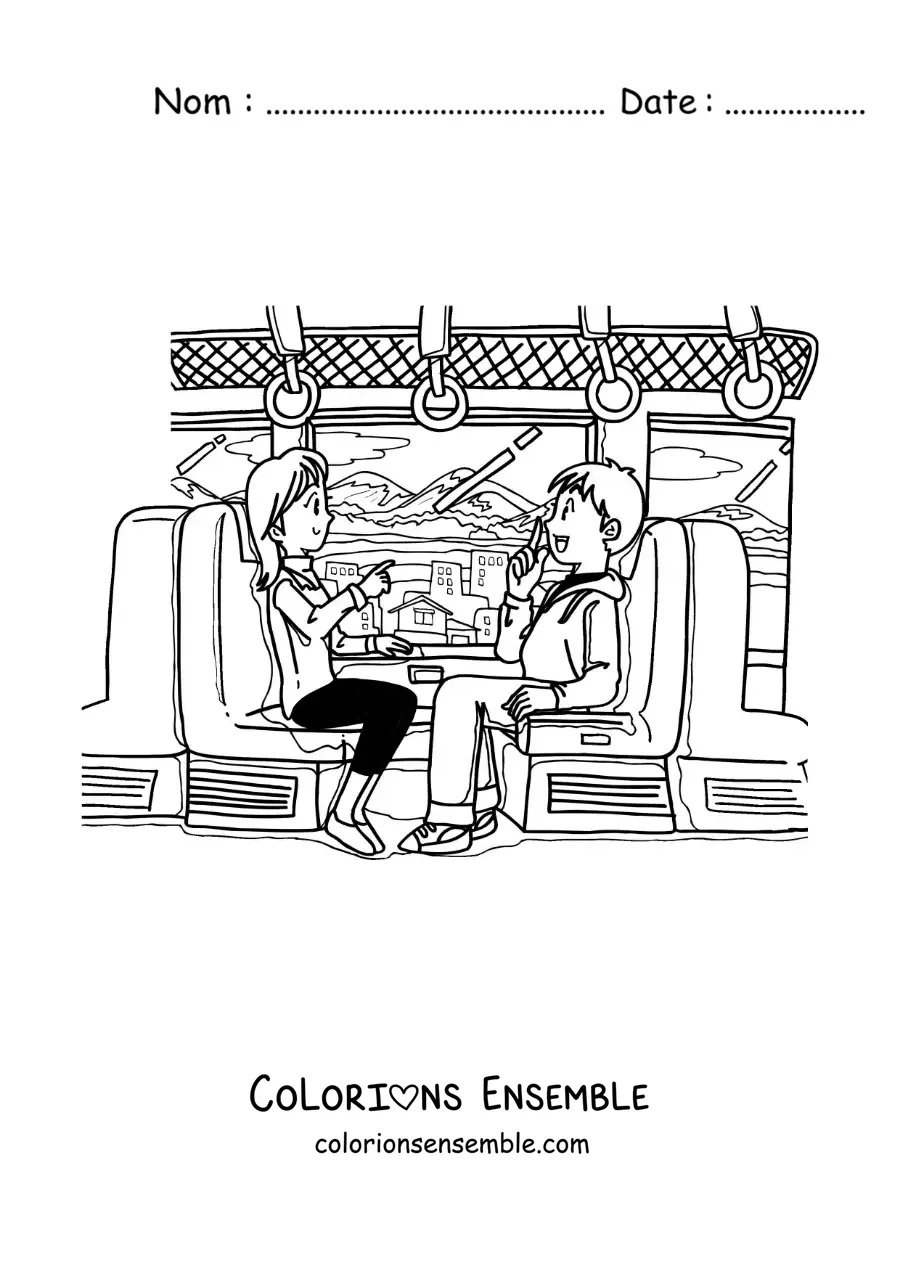 Image à colorier d’un couple assis en train de parler dans un train