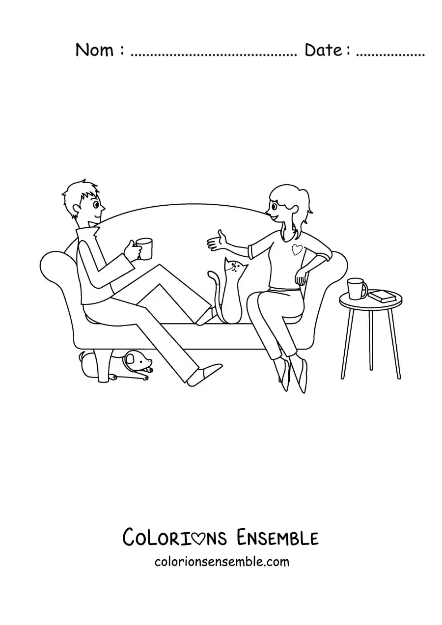 Image à colorier d’un couple à la maison avec des animaux de compagnie