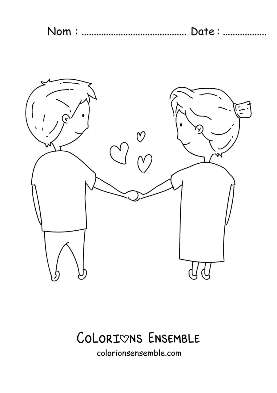 Image à colorier d’un couple amoureux se tenant la main avec des cœurs