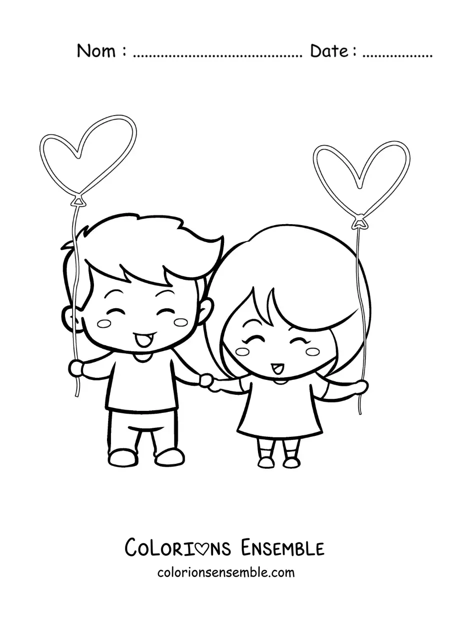 Image à colorier d’un couple se tenant la main avec des cœurs