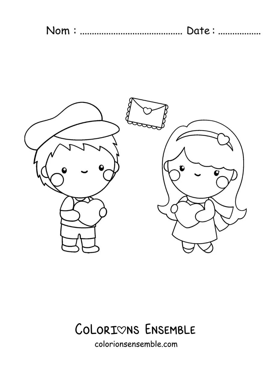 Image à colorier d’un couple amoureux avec des lettres d’amour