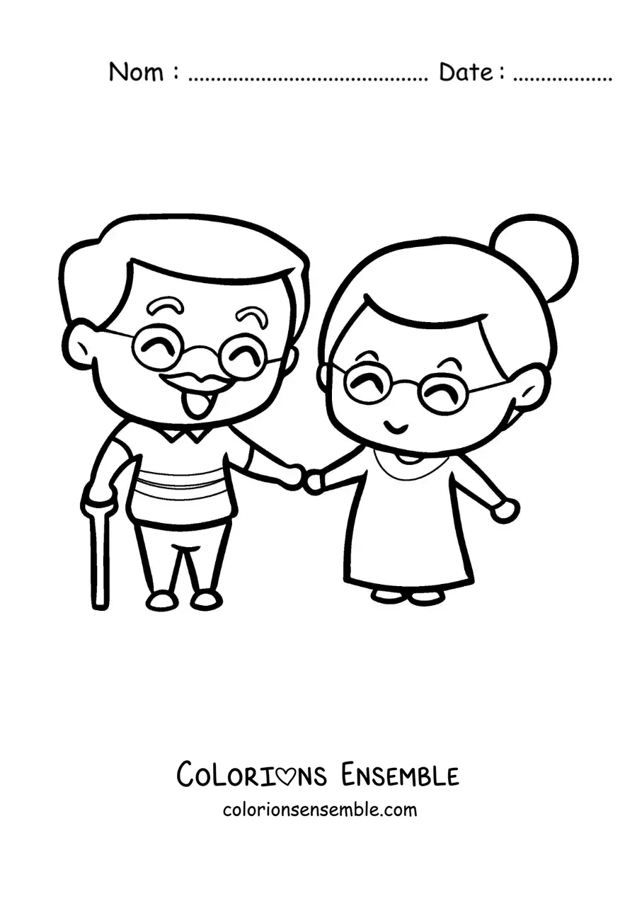 Image à colorier d’un couple de personnes âgées amoureuses se tenant la main