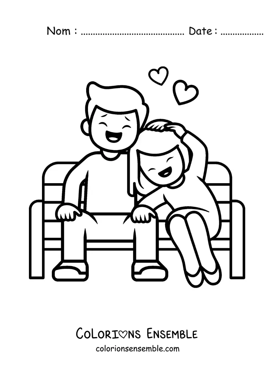 Image à colorier d’un couple assis en train de rire ensemble avec des cœurs