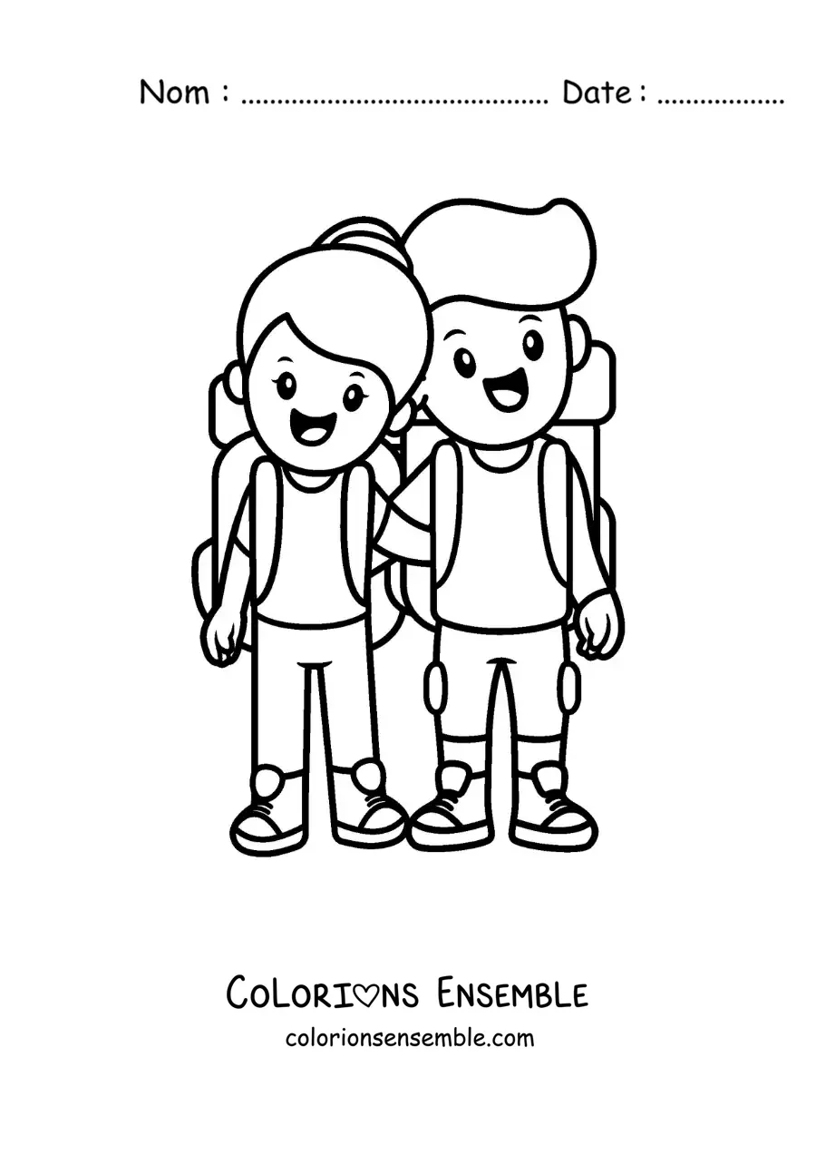 Image à colorier d’un couple de randonneurs voyageant ensemble