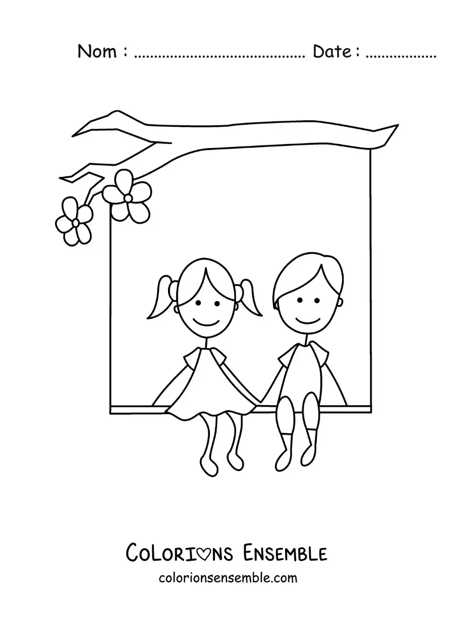 Image à colorier d’un couple amoureux assis sous un arbre avec des cœurs