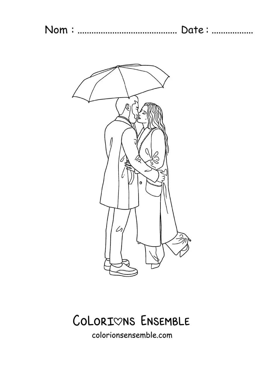 Image à colorier d’un couple s’embrassant sous la pluie