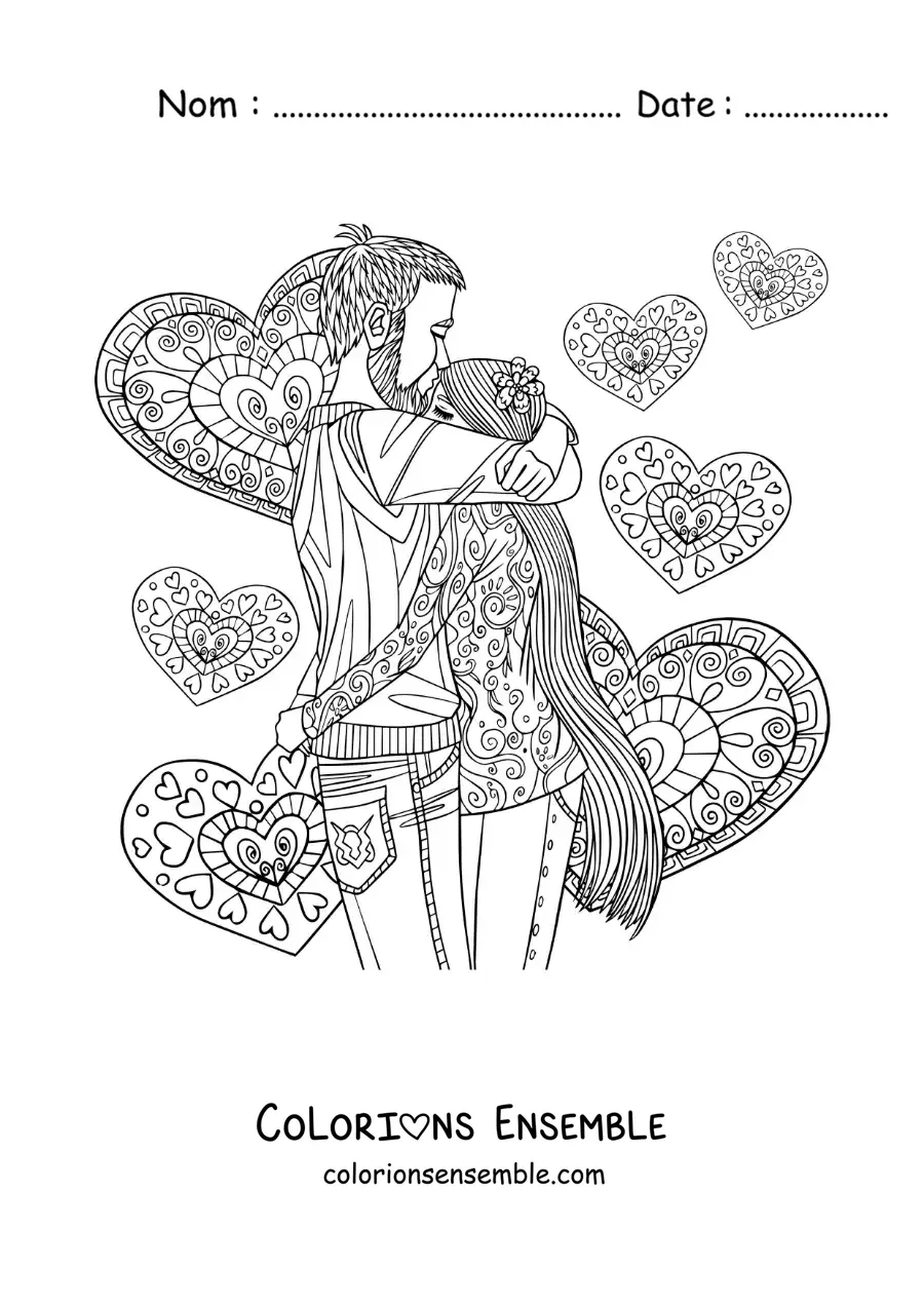 Image à colorier d’un couple s’enlaçant avec des cœurs