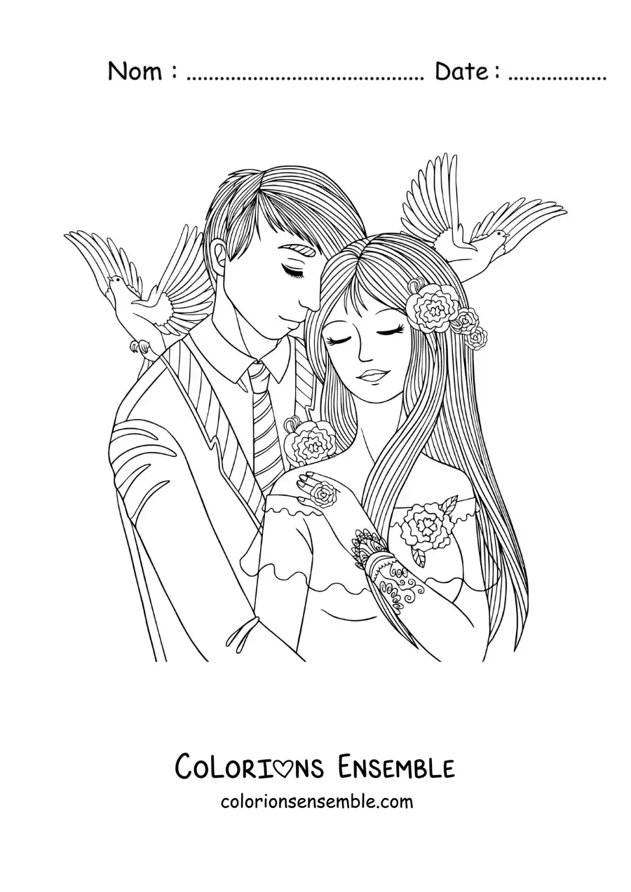 Image à colorier d’un couple se mariant avec des colombes en arrière-plan