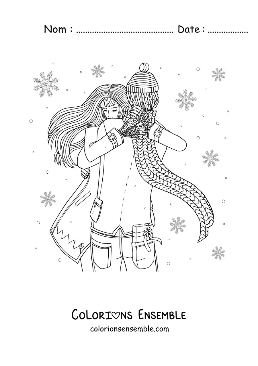 Image à colorier d’un couple s’enlaçant dans la neige