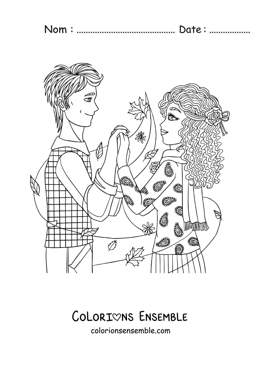 Image à colorier d’une scène romantique d’un couple se tenant la main