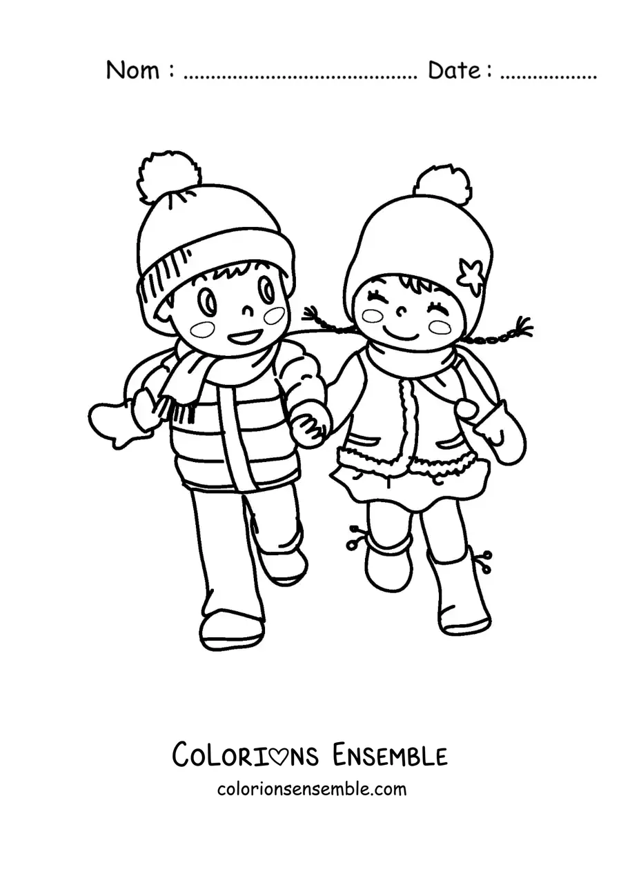 Image à colorier d’un garçon et d’une fille se tenant la main en hiver