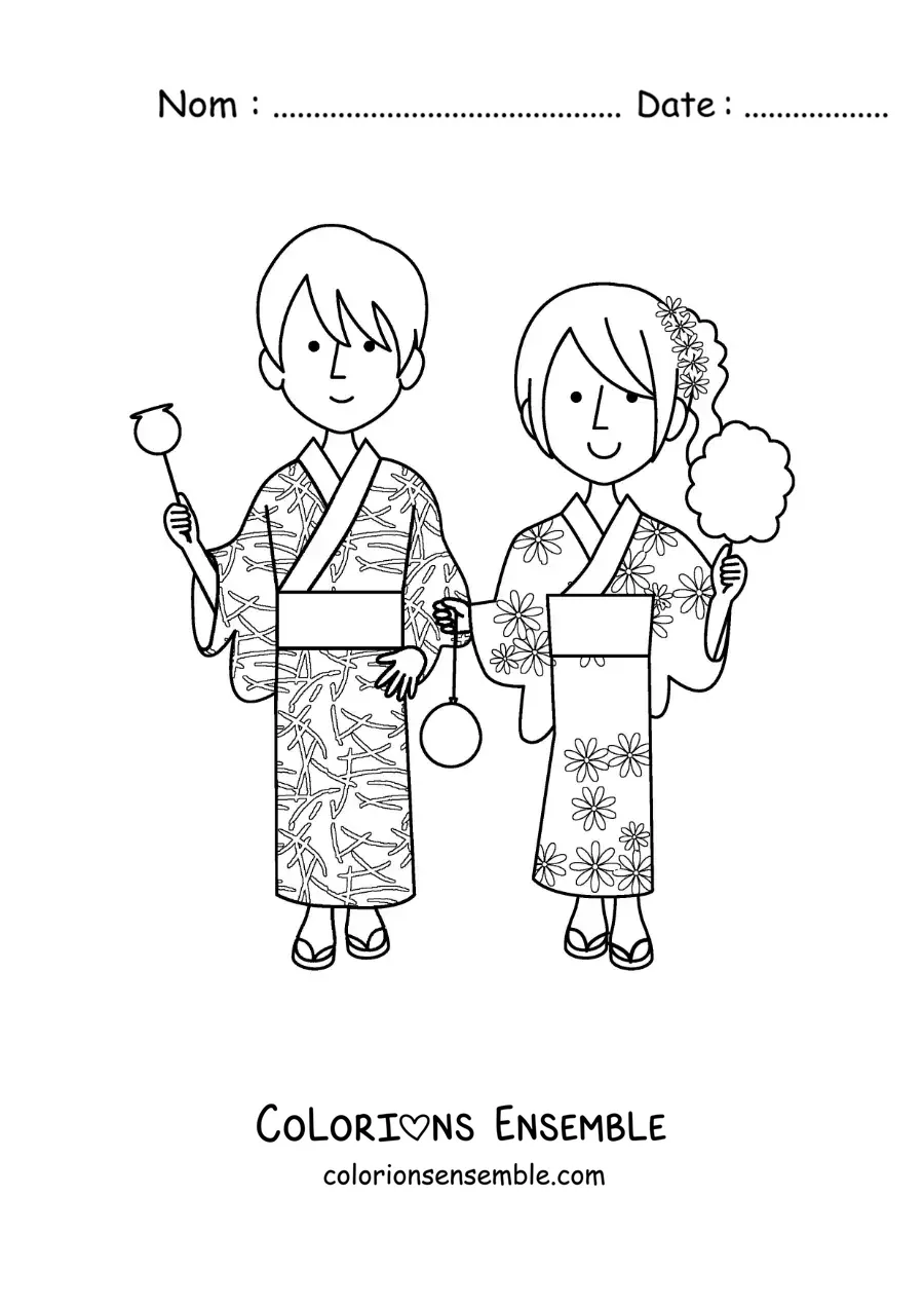 Image à colorier d’un couple japonais