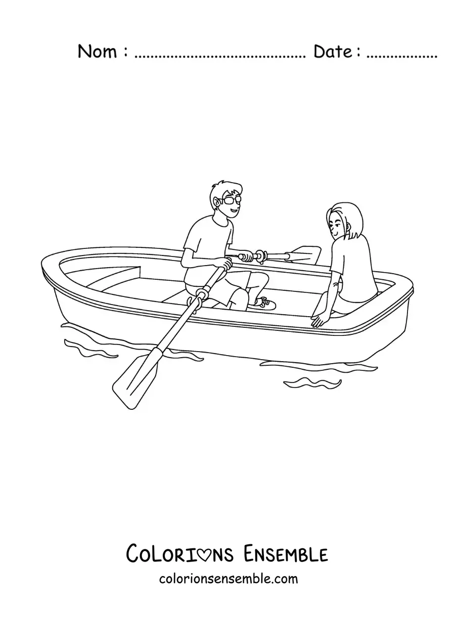 Image à colorier d’un couple amoureux assis dans une barque