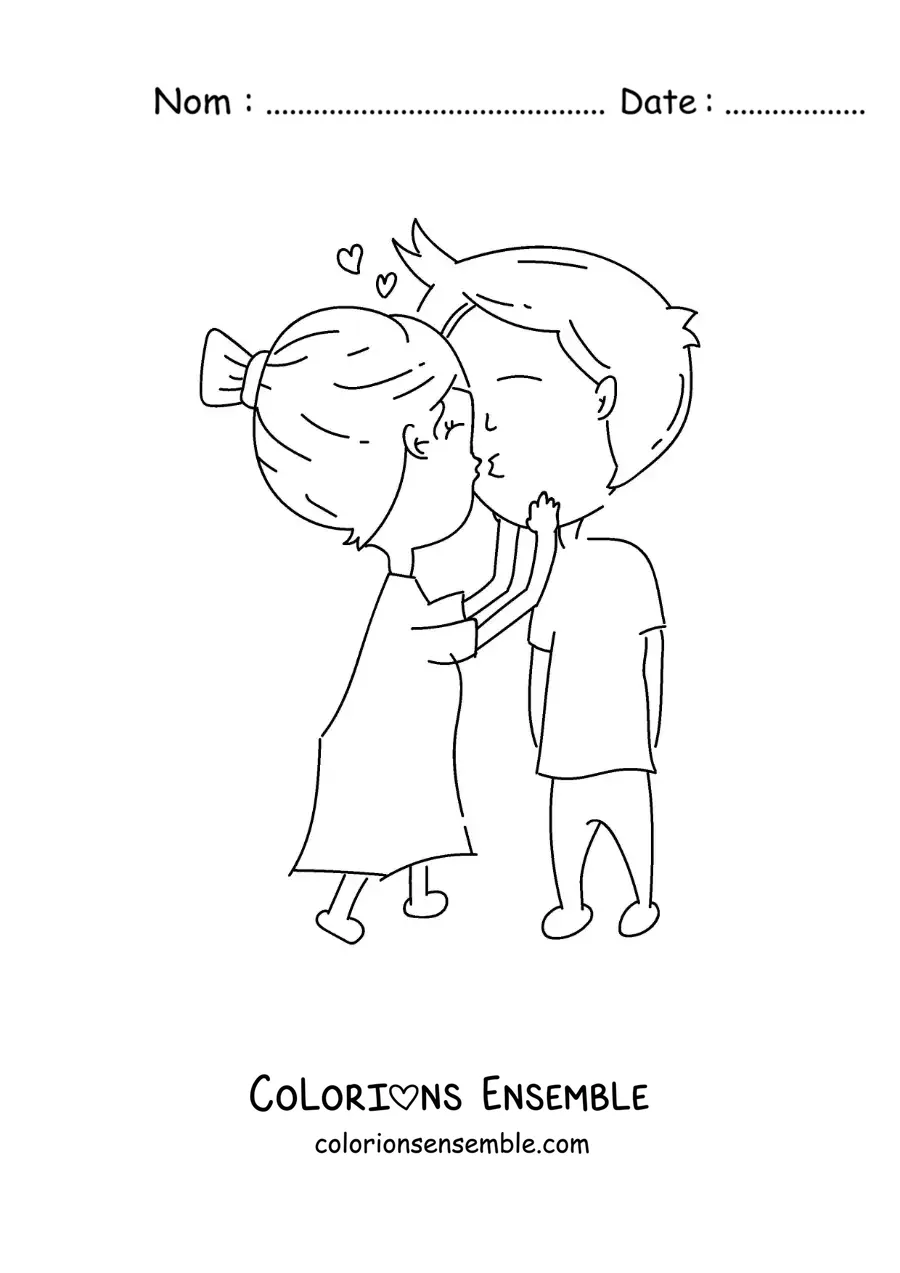 Image à colorier d’un baiser d’un couple avec des cœurs