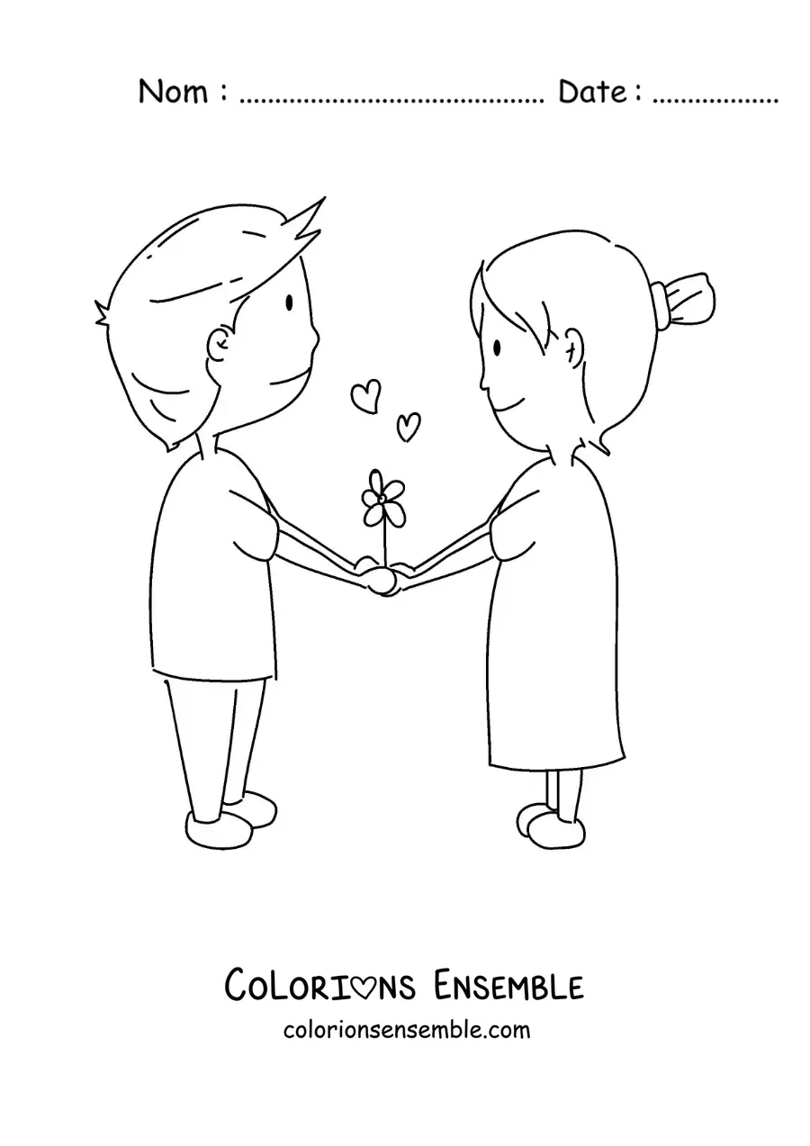 Image à colorier d’un tendre couple se tenant la main avec des cœurs