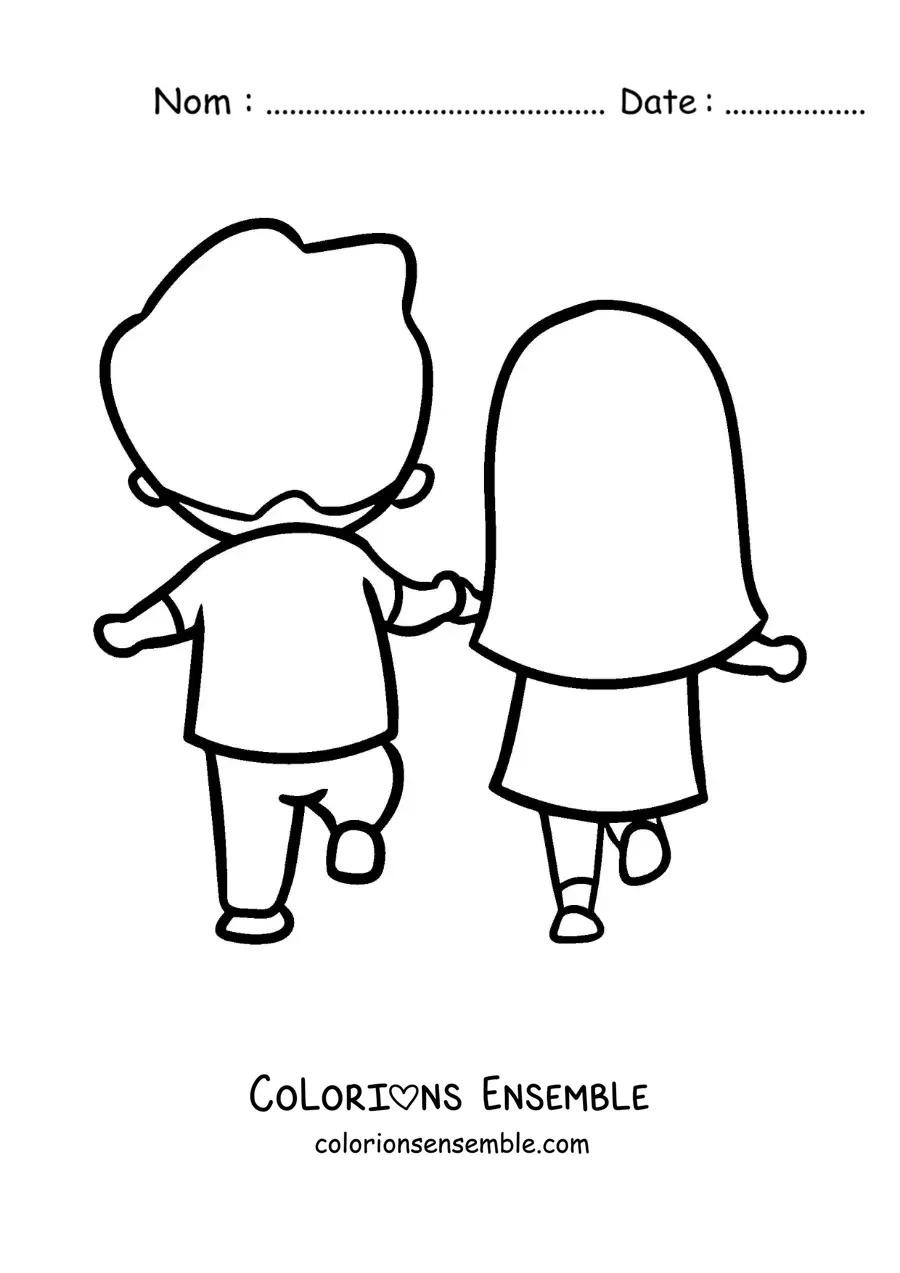 Image à colorier d’un couple heureux marchant main dans la main