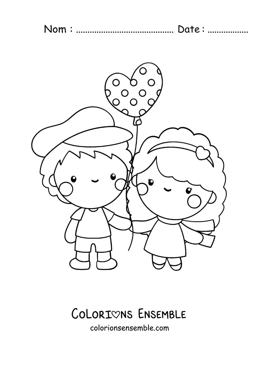 Image à colorier d’un couple amoureux avec un ballon en forme de cœur