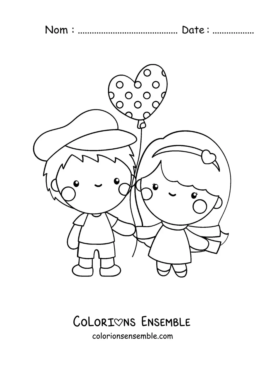 Image à colorier d’un couple amoureux avec un ballon de la Saint-Valentin