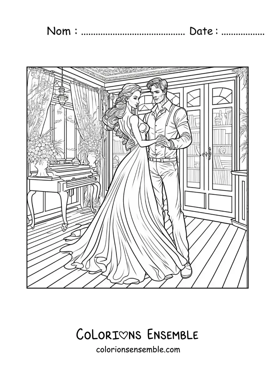 Image à colorier d’un élégant couple vintage dansant la valse dans une maison