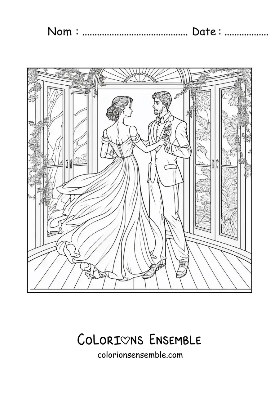 Image à colorier d’une scène romantique d’un couple dansant dans le jardin