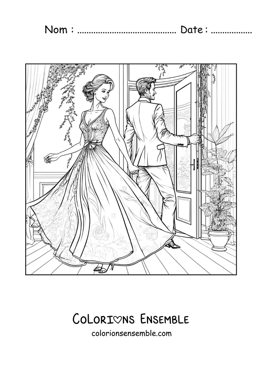 Image à colorier d’un beau couple vintage dans une maison avec jardin