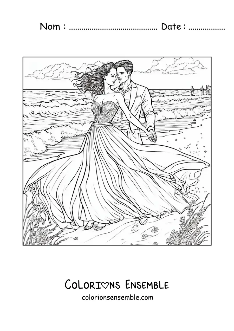 Image à colorier d’une scène romantique d’un couple sur la plage