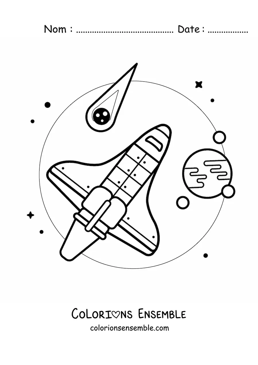 Image à colorier d'une fusée dans l'espace, parmi des astéroïdes et des planètes