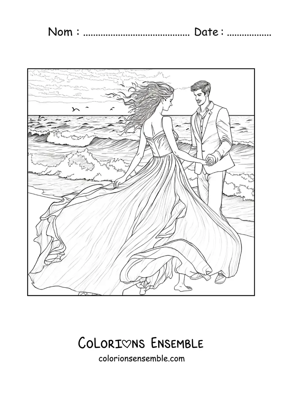 Image à colorier d’une scène romantique d’amoureux sur la plage