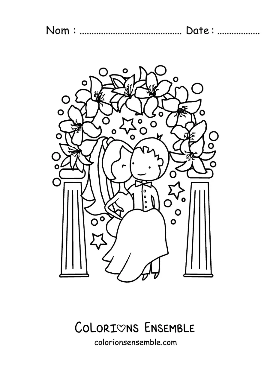 Image à colorier d’un couple heureux en dessin animé à leur mariage avec des fleurs