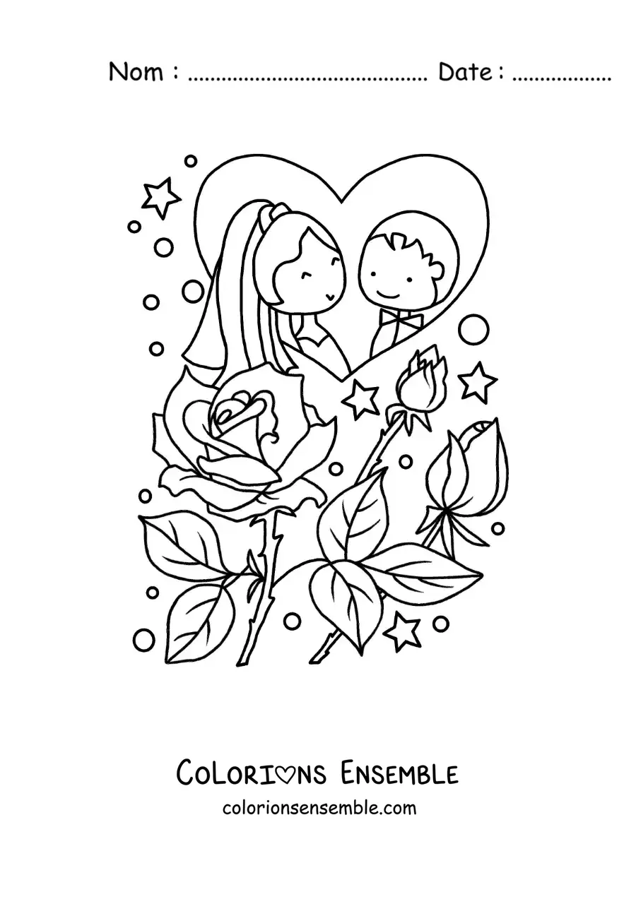 Image à colorier d’un couple heureux en dessin animé à leur mariage avec des roses et des cœurs