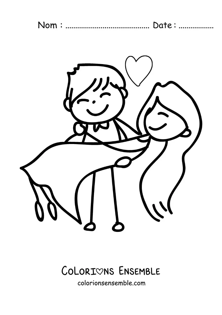 Image à colorier d’un couple de jeunes mariés en dessin animé