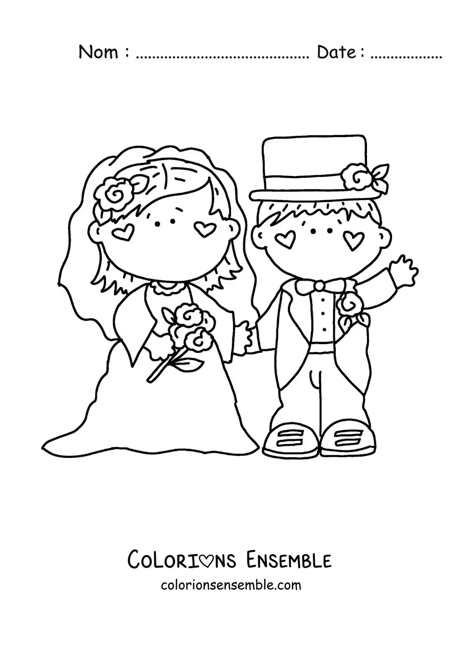 Image à colorier d’un dessin animé des mariés à leur mariage