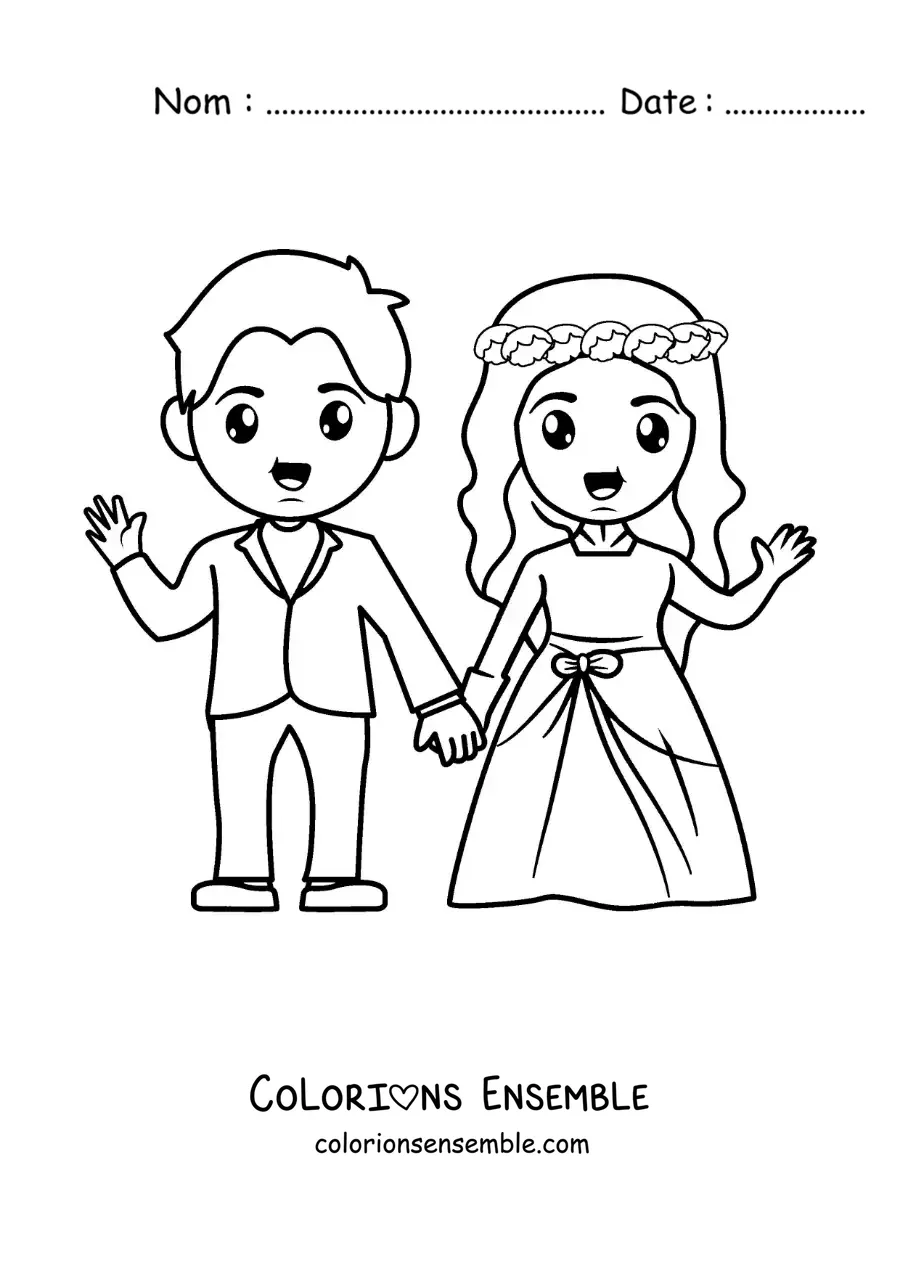Image à colorier d’un couple le jour de leur mariage