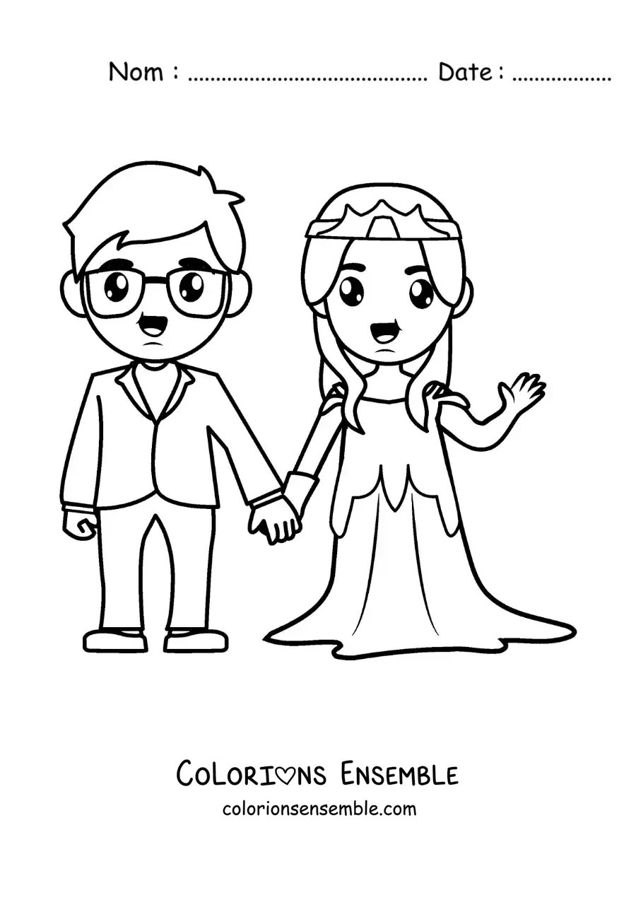 Image à colorier d’un couple en dessin animé à leur mariage