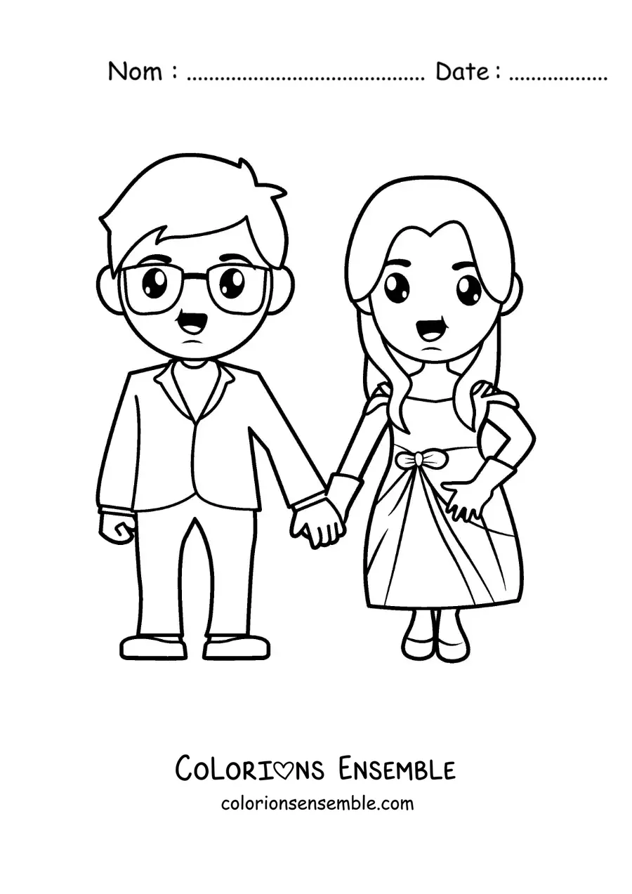 Image à colorier d’un couple se tenant la main à leur mariage