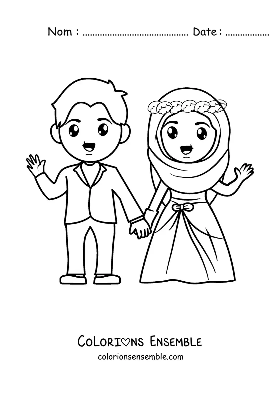 Image à colorier d’une mariée portant un hijab et d’un marié à leur mariage