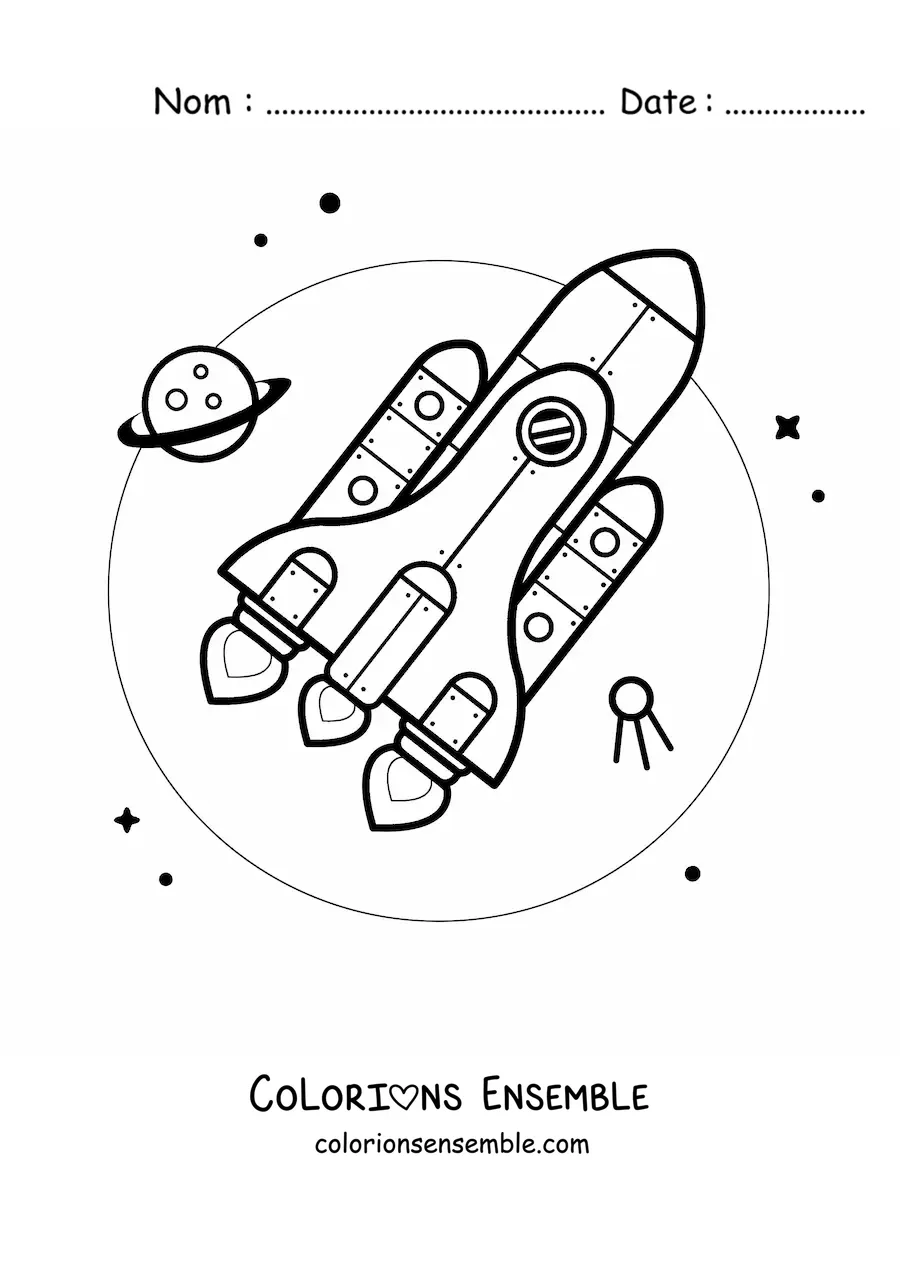 Image à colorier d'une fusée dans l'espace, à côté d'une planète