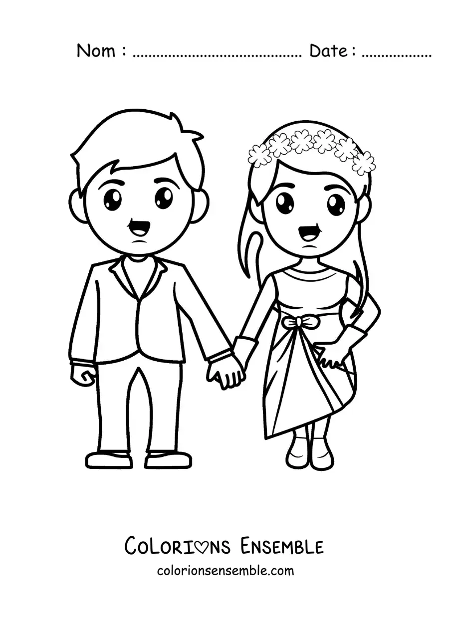 Image à colorier d’un couple heureux à leur mariage