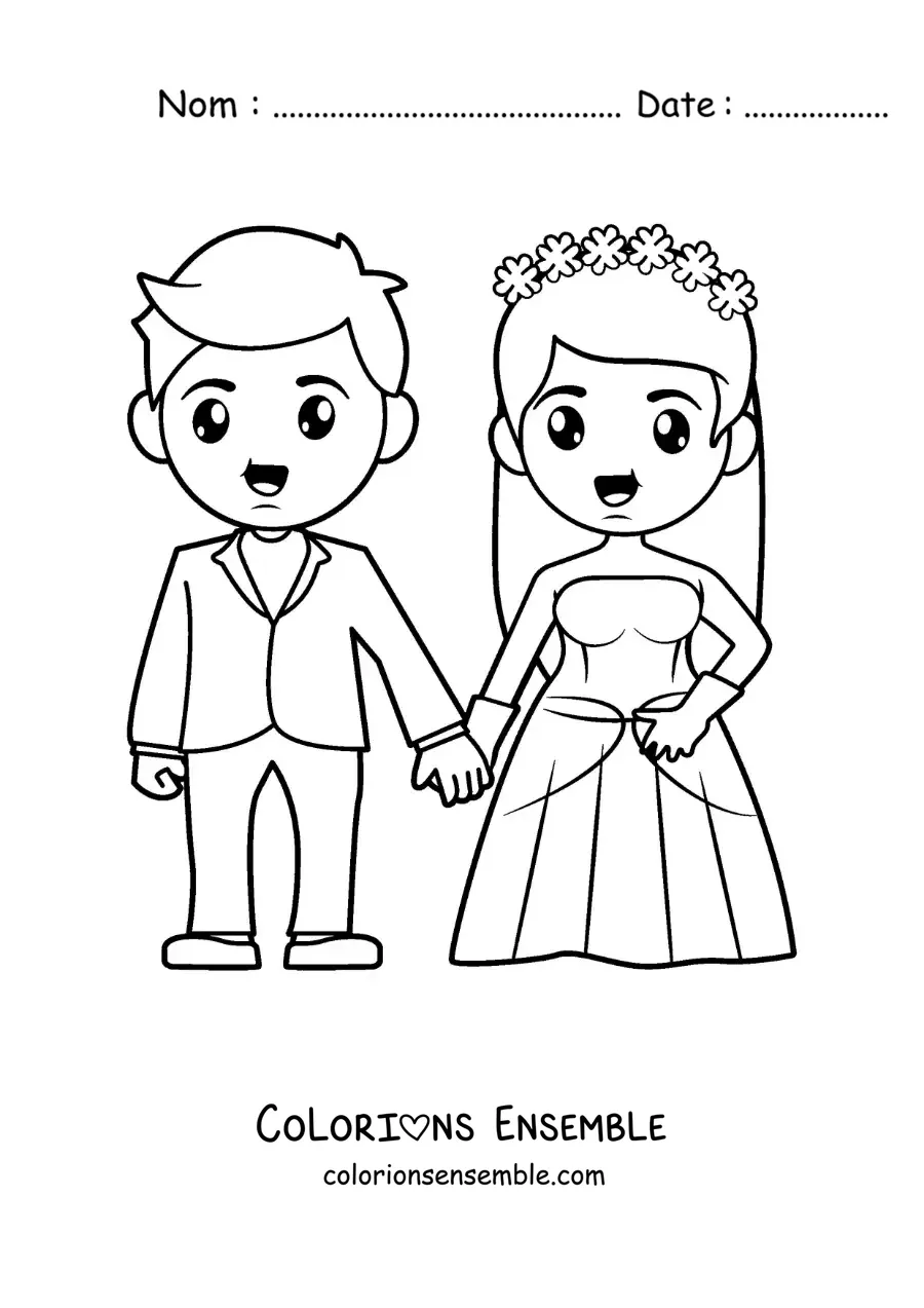 Image à colorier d’une mariée en robe et d’un marié à leur mariage