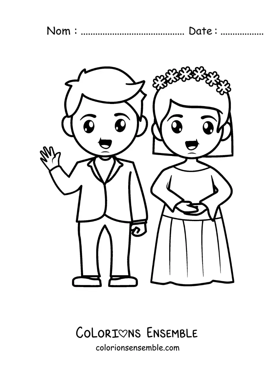 Image à colorier d’un mariage en dessin animé